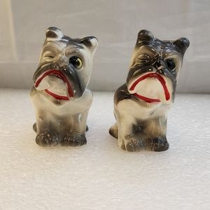 Vtg Ceramic Winking Bull Dog Salt & Pepper Shaker Set